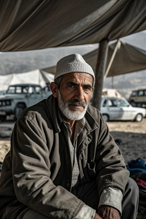Portrait of middle aged and elderly man sitting outdoorsの素材