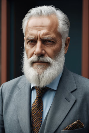 Portrait of a white haired old man in a suitの素材