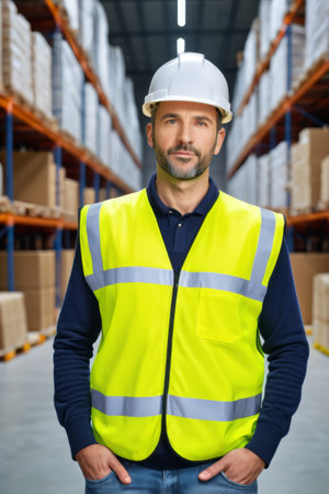 Warehouse workers wear reflective vests and hard hatsの素材