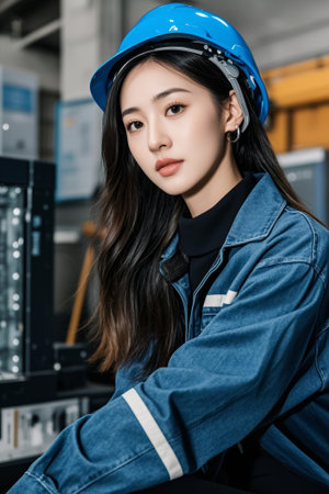 Female workers wearing hard hats in factoriesの素材