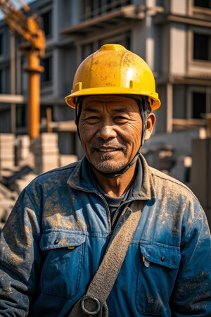 Portrait of a construction worker in front of a construction siteの素材