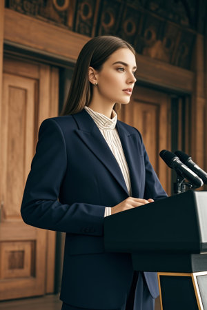 Women in suits speak from the podiumの素材