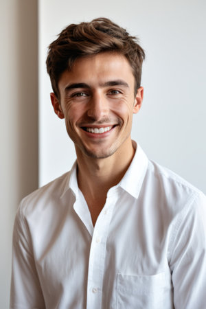 Portrait of smiling man in white shirtの素材