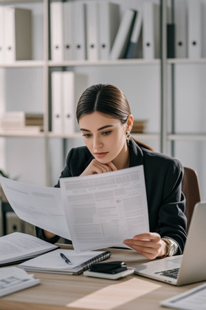 Office businesswoman focused on reading documentsの素材