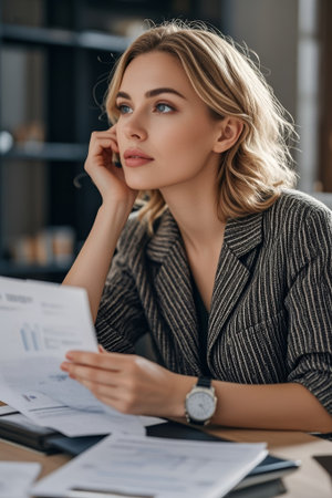 Businesswoman's office focused on reading documentsの素材