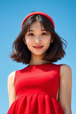 Asian woman smiling in red outdoorsの素材