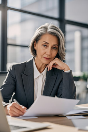 Senior businesswoman thinking about work in the officeの素材