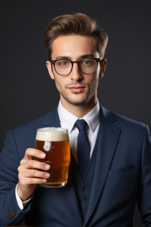 Close up of a man in a suit holding a beerの素材