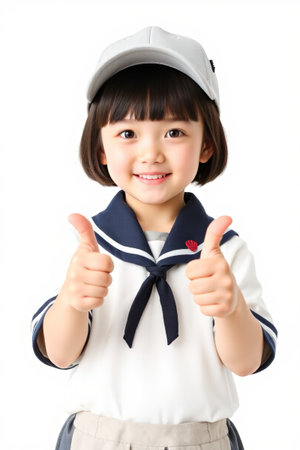 Little girl gives thumbs up in hat and school uniformの素材