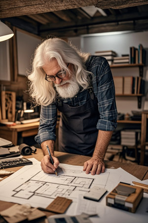 The white haired old man buried his desk to draw architectural drawingsの素材