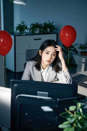 Female office worker holds hands in front of computerの素材
