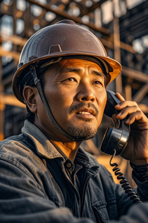 Hard hat worker construction site phone call sceneの素材
