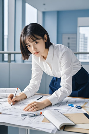 Women in the office focus on drawingの素材