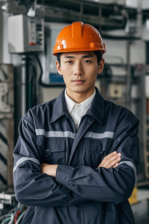 Factory workers wearing work clothes and hard hatsの素材