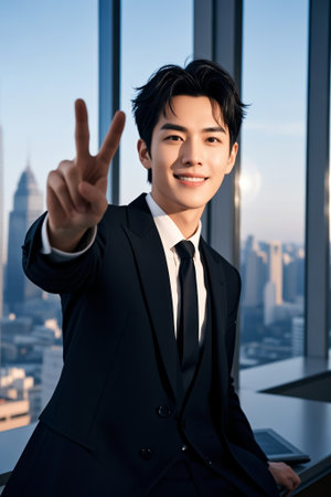 Business man Biye smiles by the windowの素材