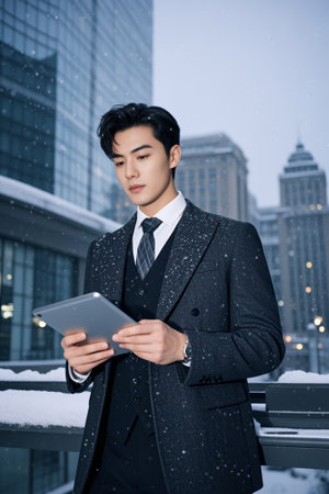 Business men in the snow using tabletsの素材