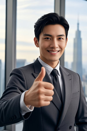 Business men give thumbs up in the officeの素材