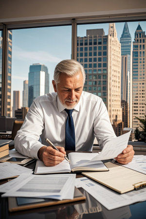 Business men reading and writing in the officeの素材