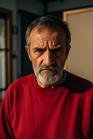 Interior portrait of an elderly man in redの素材