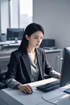 Businesswoman's office works with computersの素材