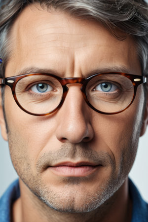 Close up of mature male face wearing glassesの素材