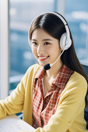 Female customer service with headphones smiles at workの素材