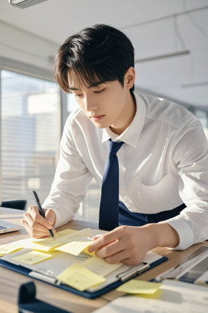 Writing sticky notes at a business man's deskの素材