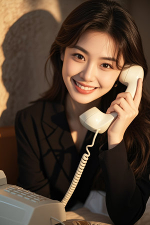 Female smiling scene holding a telephoneの素材