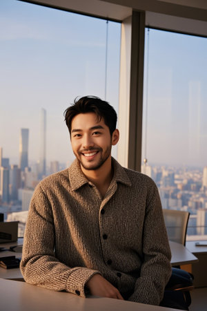 Smiling men's business office scene by the windowの素材