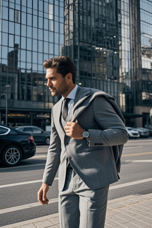 A man in a suit walking on a city streetの素材
