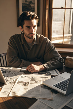 Man reading newspaper at table using laptopの素材