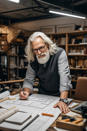 The old man with white hair focuses on drawing architectural drawingsの素材
