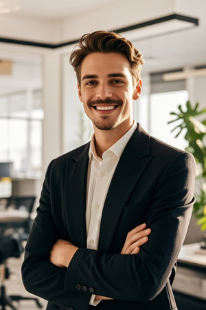 Men in suits in the office cross their armsの素材