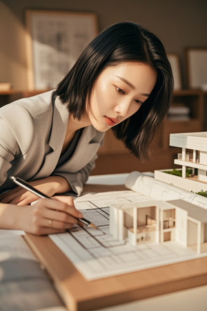 Asian women focus on drawing architectural drawingsの素材