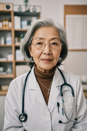 Portrait of elderly doctor in white coatの素材