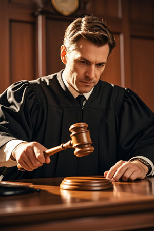 Gavel banging scene in the judge's courtroomの素材