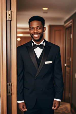 Black man in a formal dress standing at the doorの素材