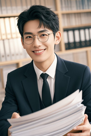 Business man smiling with document in handの素材