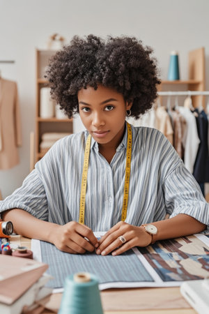 Black female tailor focuses on her work sceneの素材