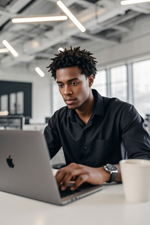 African American man uses laptop in officeの素材