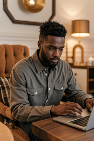 Black man uses laptop at homeの素材
