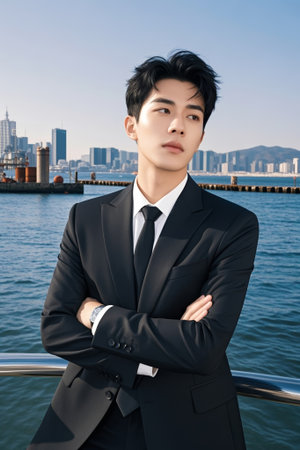 Portrait of a man in a suit with a seaside city backgroundの素材