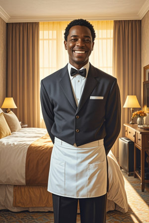 Hotel waiter stands smiling in guest roomの素材
