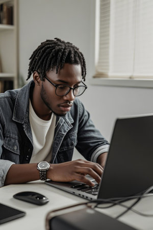 Black man uses laptop to workの素材
