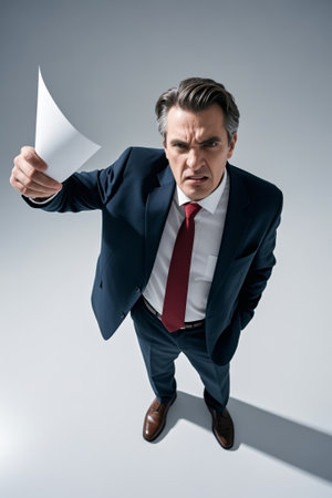 Man in suit holding paper displayの素材