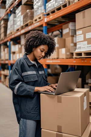 Warehouse workers use laptops to workの素材