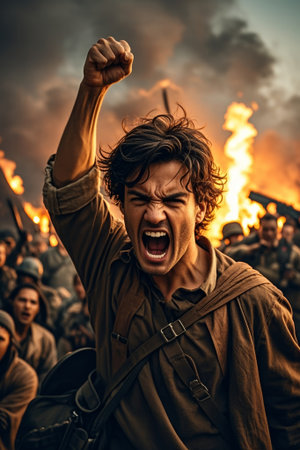 Man raises his arms and chants crowd sceneの素材