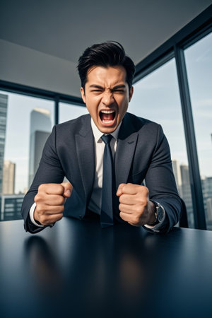 Business men excitedly clenched their fists and roaredの素材