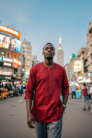 Young man of African descent standing in the streetの素材
