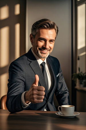 Suit man gives thumbs up and smilesの素材